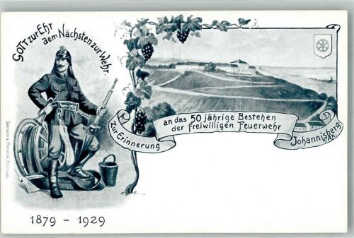 Johannisberg 50. jähr. Bestehen d. Freiwilligen Feuerwehr Johannisberg 1879-1929 Feuerwehrman Wasserspritze