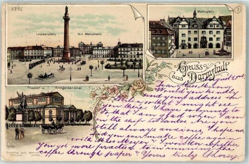 Darmstadt 1896 Lithographie Louisenplatz mit Monument Marktplatz Theater u. Kriegerdenkmal