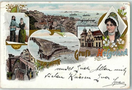 Helgoland 1896 Lithographie Helgoländer Tracht Neue Post Steilküste Strand
