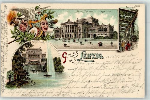 Leipzig 1898 Schwanenteich Fontaine Cafe Neues Theater Larven Trommel Harfe