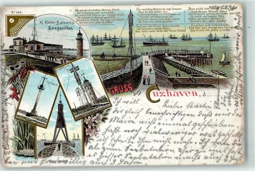 Cuxhaven 1902 Lithographie Gasthaus H. Holm Balsen`s Seepavillon Zeitball Leuchtturm Kugelbaake Schiff