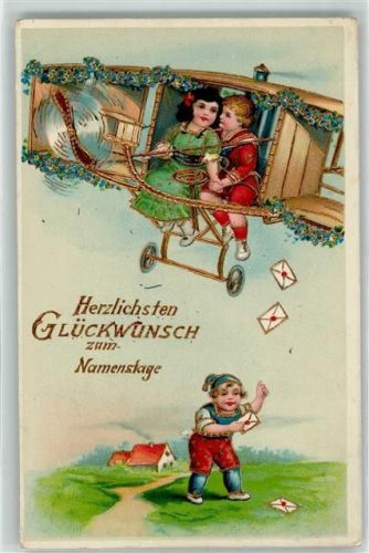 Namenstag Briefe fliegen herunter Golddruck AK Glückwunsch Flugzeug 1913