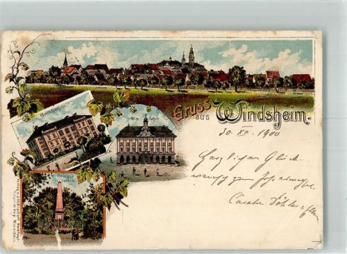 Bad Windsheim 1900 Lithographie Kriegerdenkmal Pfarrtöchterheim Altes Rathaus