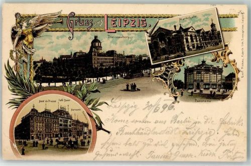 Leipzig 1896 Lithographie Pleissenburg Markthalle Gasthaus Panorama Hotel de Prusse Straßenbahn