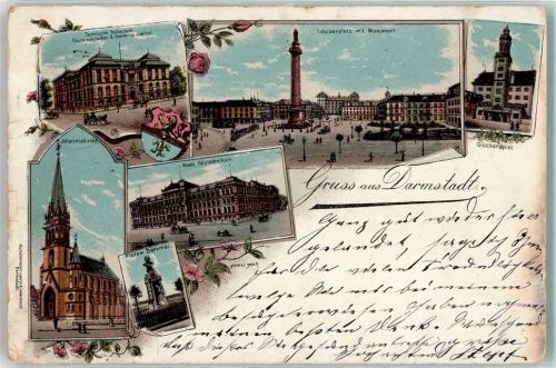 Darmstadt 1900 Johanniskirche Louisenplatz mit Monument Technische Hochschule Elektrsches u. Chemisches Institut Johanniskirche Neues Polytechnikum Flora Denkmal Wappen