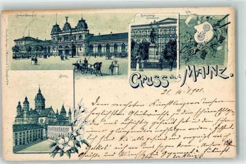 Mainz 1901 Zentral Bahnhof Gutenberg Denkmal Dom Kutsche Wappen Rad Reben Blumen Gruss