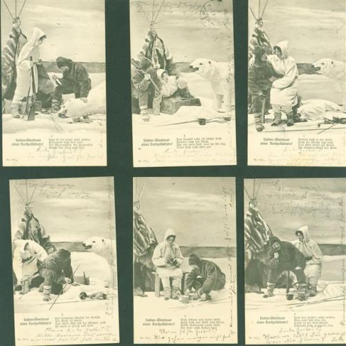 Lot mit 6 AK Serie Arktis Eisbär Liebes-Abenteuer eines Nordpolfahrers