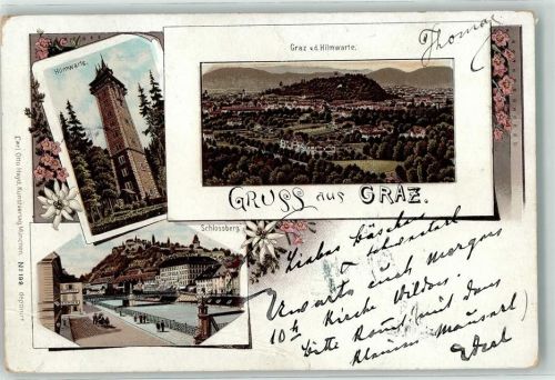 Graz Hilmwarte Schlossberg Brücke Blumen Gruss Lithographie