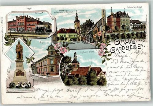 Gardelegen 1900 Kaiser Wilhelm I.-Denkmal Bahnhof Rathaus Post Schulze'sche-Anstalt
