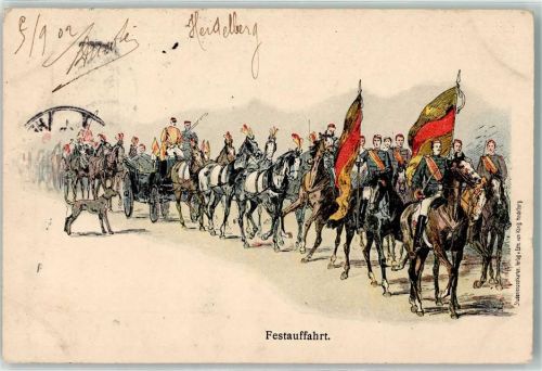 W6900 Heidelberg , Neckar Festauffahrt Lithographie AK Studentika 1902 Gebrauchsspuren