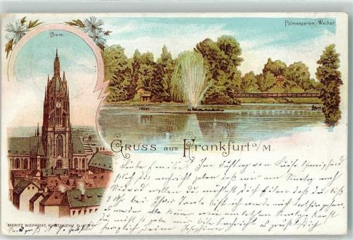 Frankfurt 1900 Palmengarten-Weiher Wasserfontaine Dom