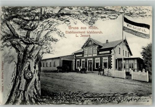 17089 O2021 Kölln b Altentreptow 1906 - Gasthaus Etablissement Waldesruhe Fahnenmast Fahrrad Pferd Kutsche