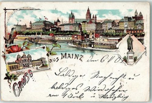 Mainz 1901 Zentralbahnhof Rheindampfer Gutenberg-Denkmal