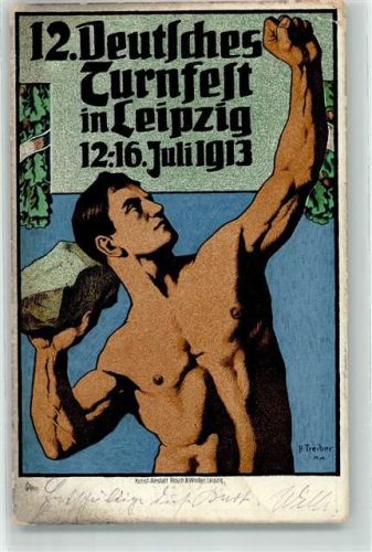 Leipzig 1914 12. Deutsches Turnfest 1913 Der Steinstößer sign. H. Treiber Karte Nr. 4