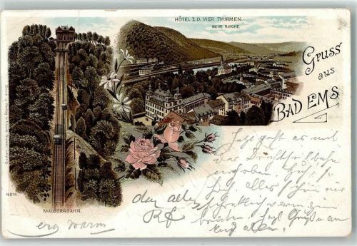 Bad Ems 1900 Malbergbahn Hotel zu den Vier Türmen Neue Kirche Rosenzweig
