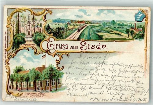 Stade 1899 Kriegerdenkmal Gasthaus zur Erholung Eisenbahn Wappen
