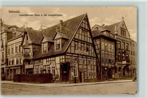 Detmold 1915 Langestraße Westfälisches Haus Gasthaus Fachwerk Feldpost WK I S. B. Ers. BAtl. Inf. Regts. Nr 55