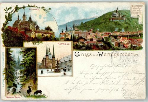 Wernigerode 1898 Lithographie Schloß Rathaus Hirsch Reh