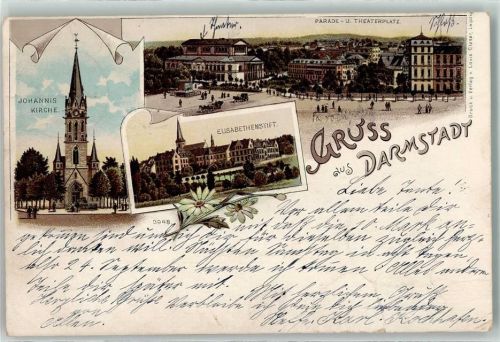 Darmstadt 1898 Johannis Kirche Paradeplatz Theaterplatz Elisabethenstift Kutsche Blumen Gruss