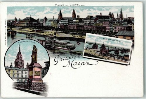 Mainz Vom Castel Neue Rheinbrücke Gutenberg Denkmal Raddampfer Kutsche Gruss
