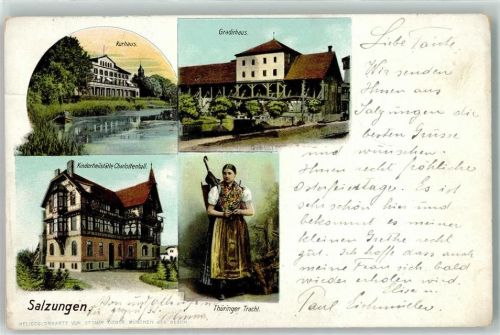Bad Salzungen 1906 Kurhaus Gradirhaus Kinderheilstätte Charlottenhall Thüringer Tracht Regenschirm