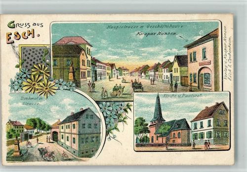 Esch Hauptstraße Geschäftshaus Kaspar Hansen Denkmal Kirche Pastorat Lithographie