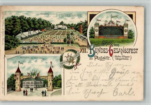Pulsnitz 1901 XII. Bundes Gesangsfest Sächs. Elbgau Sängerbund Sängerpodium Festplatz Ehrenpforte am Wettinplatz Lithographie