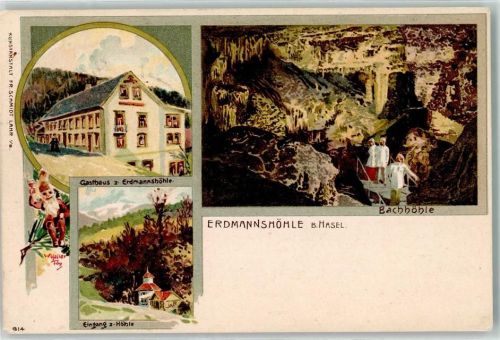 79686 W7861 Hasel 1901 Lithographie / Künstlerkarte Gasthaus zur Erdmannshöhle Bachhöhle Eingang Zwerg sign. W. Haller