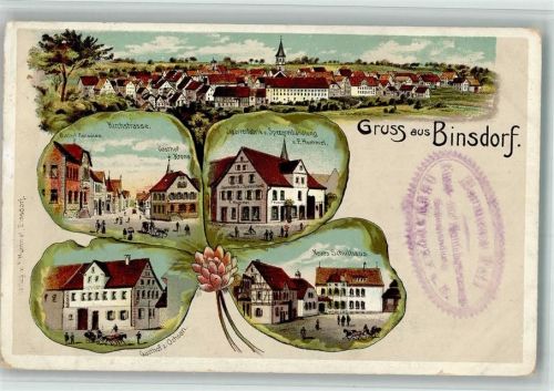 Binsdorf 1909 Lithographie Kirchstraße Gasthaus Paradies Gasthaus Krone Zigarrenfabrik Spezereihandlung F. Hummel Gashtaus Zum Ochsen Neues Schulhaus Bahnpost