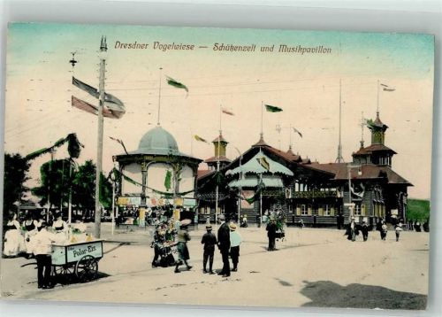 Dresden 1910 Dresdner Vogelwiese Schützenzelt Musikpavillon Eis-Mann Eiswagen
