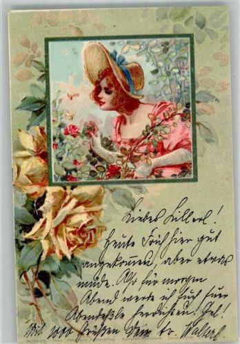 1899 Frau im Rosenhain Verlag Stroefer Aquarell Serie XXVIII + Adelskorrespondenz