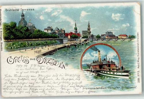 Dresden 1898 Lithographie Brühl'sche Terrasse Dampfer Bodenbach Promenadendeck