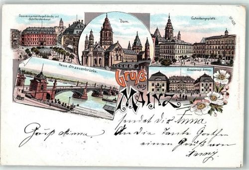 Mainz 1898 Gouvernementsgebäude u. Schillerdenkmal Dom neue Straßenbrücke Gutenbergplatz Großherzogl. Schloss Drusus Denkmal