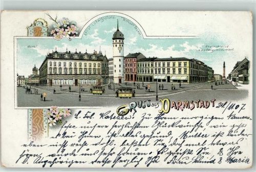 Darmstadt 1907 Ernst Ludwigplatz Weißer Turm Rheinstraße u. Ludwigsmonument Markt Straßenbahn