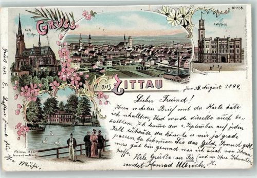 Zittau 1899 Restaurant mit Schwaenteich Rathaus Kath. Kirche Lithographie