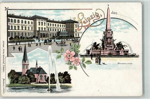 Leipzig Mendebrunnen Luther Kirche Springbrunnen Hotel Dresdner Bahnhof F. König Kutsche Blumen