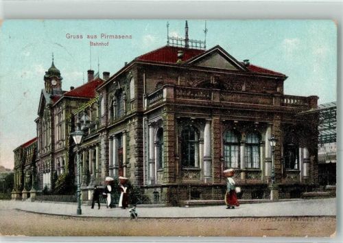Pirmasens 1915 Bahnhof Uhr Laterne Frau Korb Gruss