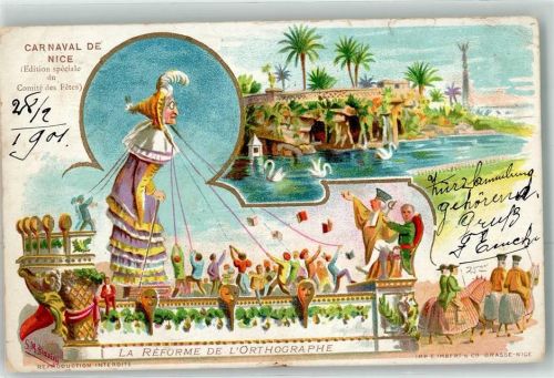 Nice 1901 Carnaval Karneval Schwan Kostüm Palmen sign. Lithographie