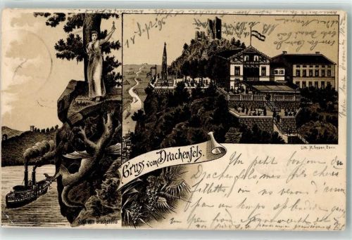 Königswinter 1896 Gruss aus Drachenfels , Drachen und die christliche Jungfrau AK