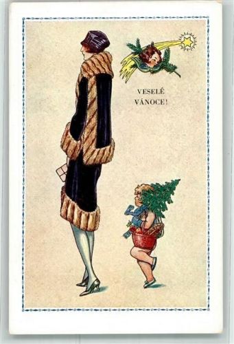 Mode Weihnachten Vesele Vanoce Engel mit Tannenbaum auf AK Art Deco Künstlerkarte