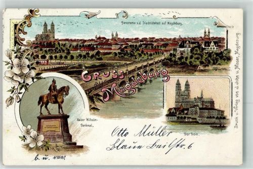 39104 O3000 Magdeburg 1899 Lithographie Kaiser Wilhelm Denkmal Dom Blick von Friedrichstadt