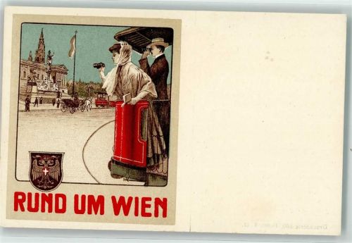 Wien 1. Bezirk, Innere Stadt Salonwagen Rundfahrten Rund um Wien Touristen mit dem Fernglas Straßenbahn 1912 Lithographie / Künstlerkarte