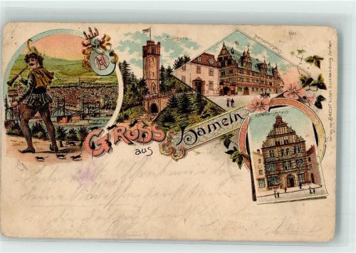 Hameln 1902 Rattenfänger Klütturm Hochzeitshaus Rattenfängerhaus Lithographie