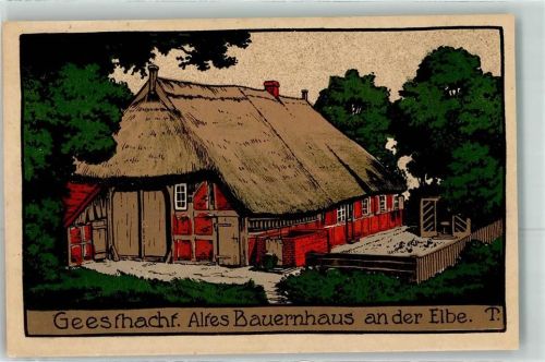 21502 W2054 Geesthacht Künstlersteindruck Altes Bauernhaus an der Elbe