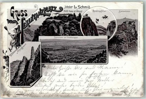 Thale 1898 Gruss vom Hexentanzplatz Rosstrappfelsen Bismarkstein Hirschgrund Hexe Besen Ort lt. Stempel