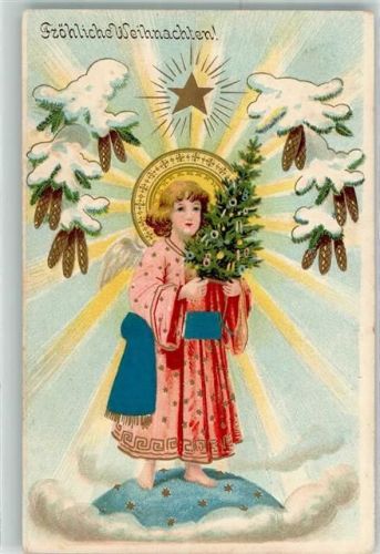 1900 mit echter Stoff Applikation , Tannenzapfen , Stern, Tannenbaum , Heiligenschein AK