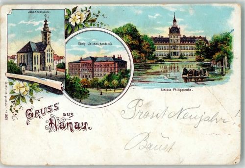 Hanau 1901 Schloß Philippsruhe Johanneskirche Kgl. Zeichenakademie Lithographie
