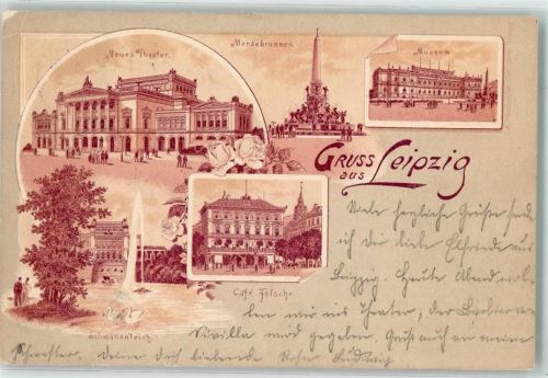Leipzig 1899 Neues Theater Mendebrunnen Museum Cafe Felsche Rosen