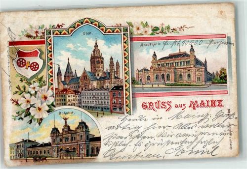 Mainz 1899 Lithographie Dom Stadthalle Bahnhof Wappen
