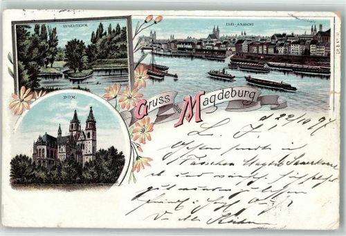 39104 O3000 Magdeburg 1897 Gebrauchsspuren Lithographie Insel Teich Dom Elb Ansicht
